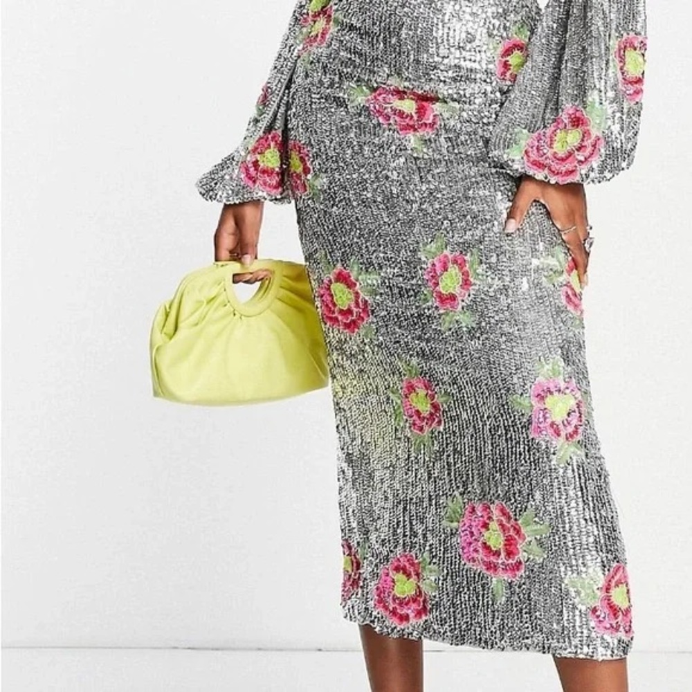 ASOS Edition Midi Skirt in Floral sequin-Silver - Picture 2 of 5